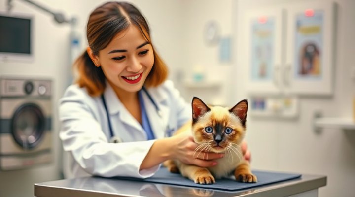 Caring veterinarian checking kitten