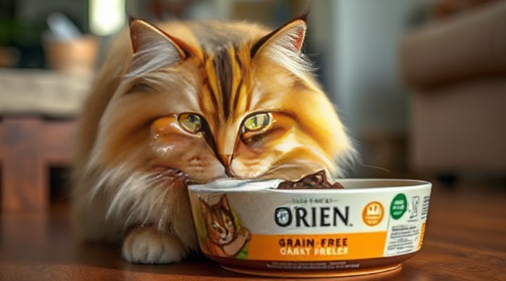 Cat happily eating Orijen grain free cat food from bowl