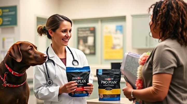 Caring veterinarian discussing Purina Pro Plan Veterinary Diets with pet owner
