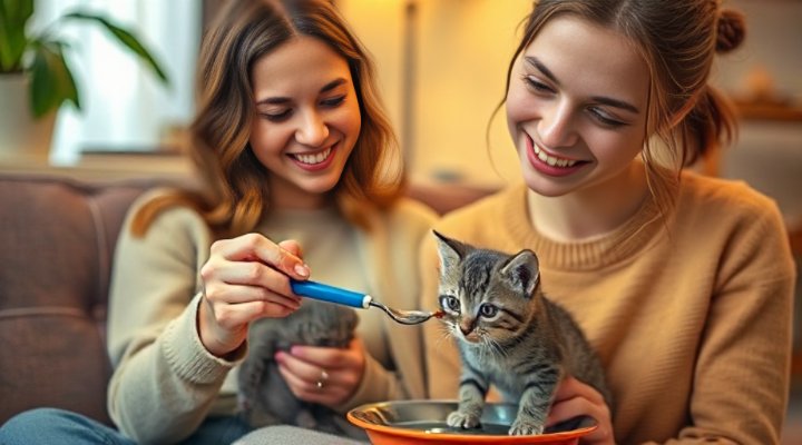Caring pet owner feeding specialized food to kitten with digestive issues