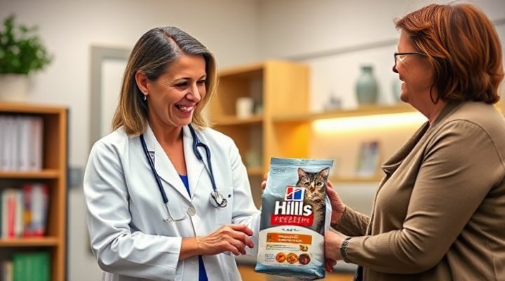 Professional veterinarian explaining Hills Prescription benefits to cat owner