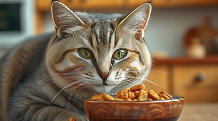 Adorable domestic shorthair cat happily crunching on dental health kibble