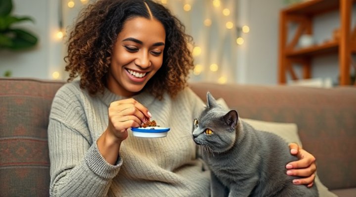 Caring young woman feeding chewy dental food to her affectionate cat