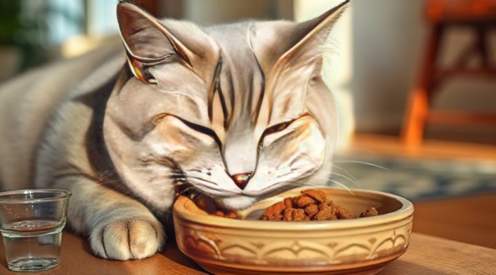 Older cat comfortably eating chewy dental food with visible satisfaction