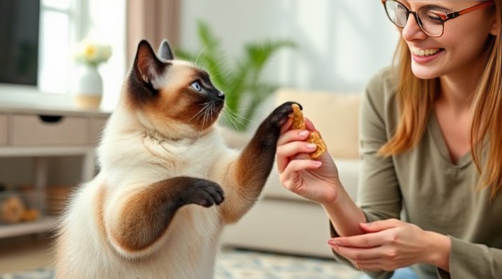 Owner using healthy treats during successful cat training session