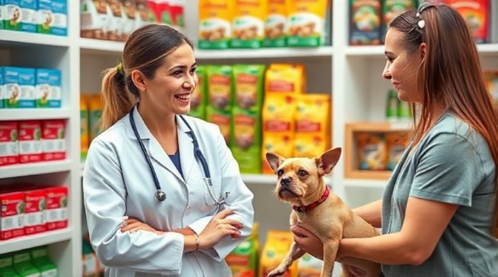 A veterinarian discussing organic dog food options with a pet owner