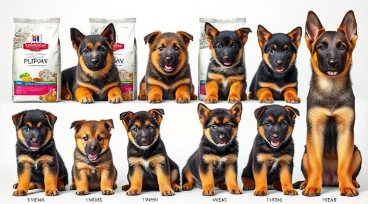 Collage showing puppy growth stages from 8 weeks to 1 year with proper nutrition