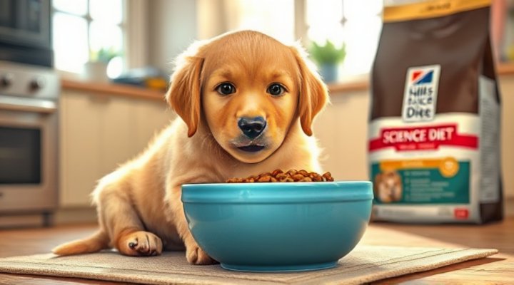 Adorable golden retriever puppy happily eating Hill Science puppy food from a ceramic bowl