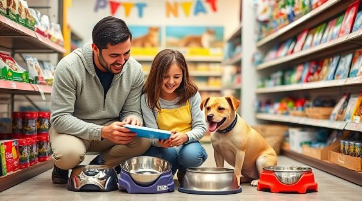 Loving family selecting dog bowls at a pet store with their happy dog