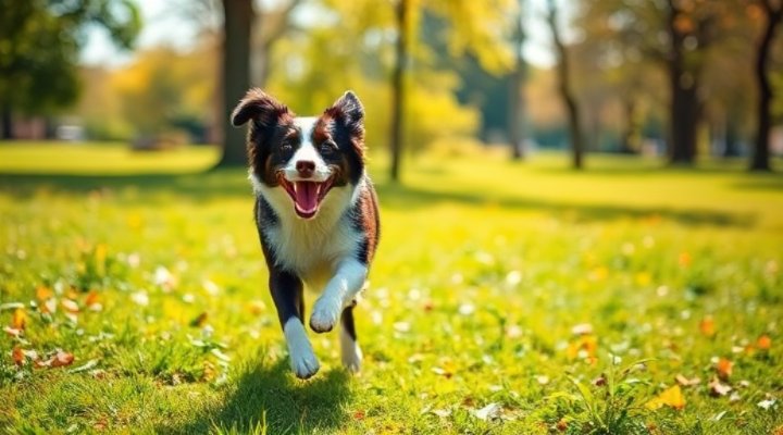 Border Collie running joyfully in park demonstrating energy from high-protein diet