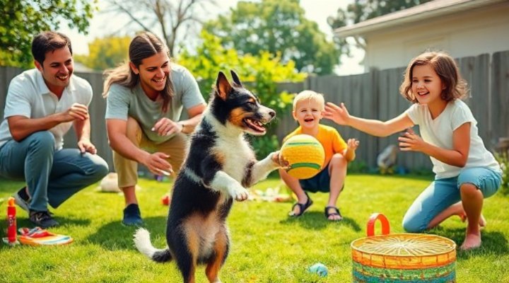 Happy family playing with their healthy puppy in the backyard