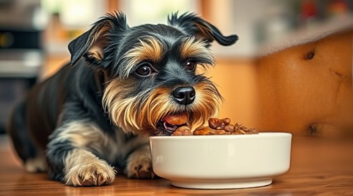 Happy small breed dog enjoying Cesar wet food from a bowl