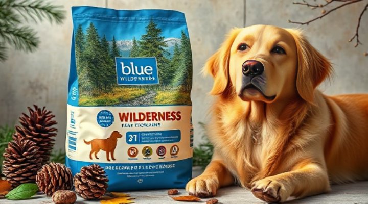 Blue Wilderness dog food bag with happy golden retriever