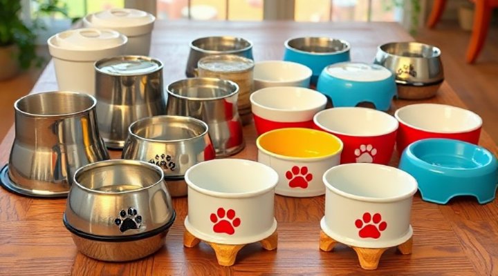 Assortment of different dog bowls including stainless steel, ceramic and plastic types