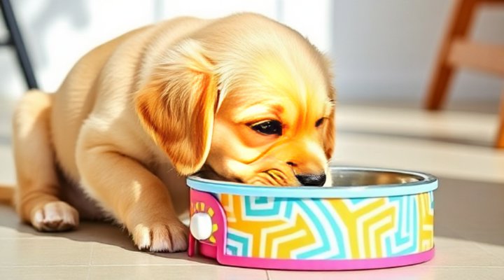 Dog eating from a slow feeder bowl designed to prevent gulping