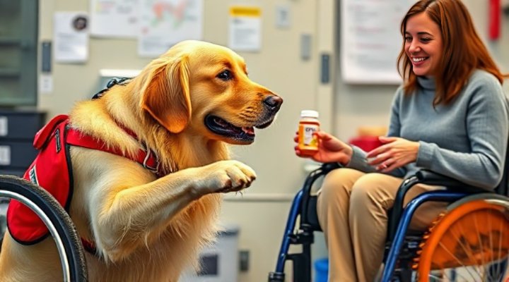 Golden retriever service dog in training practicing retrieval tasks with smiling handler