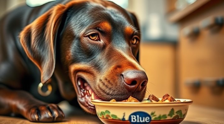 Happy labrador eating Blue Wilderness dog food from bowl