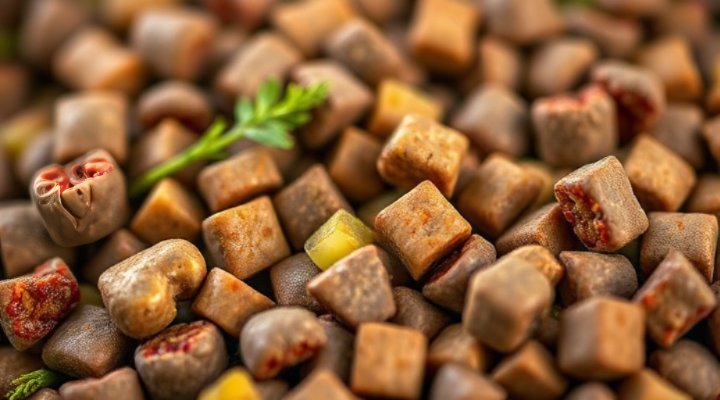 Close-up of Blue Wilderness dog food showing high-quality natural ingredients and meat pieces