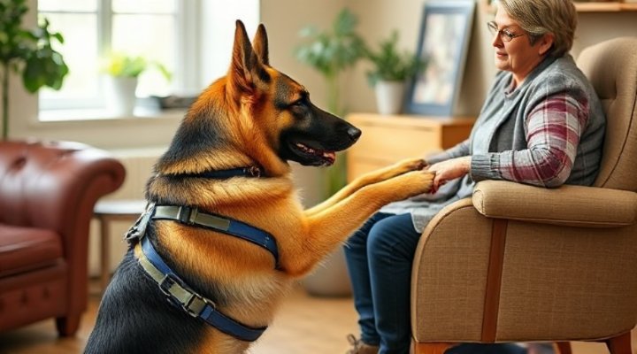 Service dog providing mobility assistance by helping person stand up from chair