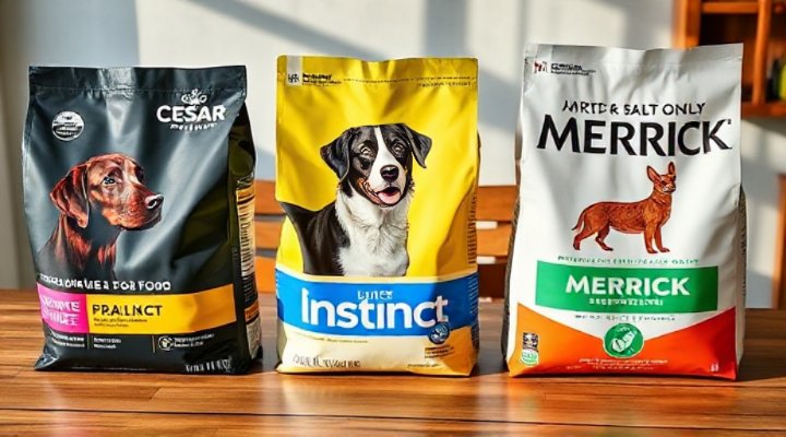 Comparison of Cesar dog food with other premium dog food brands on a table