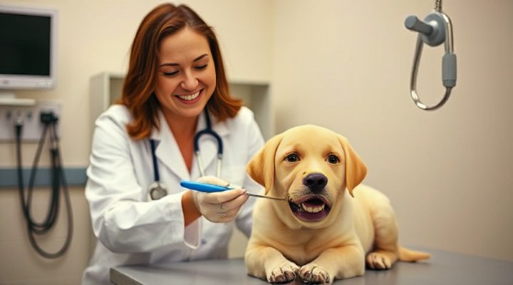 Caring veterinarian examining a healthy Labrador puppy during check-up