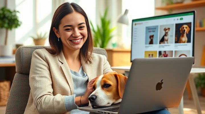 Woman comparing online dog food prices on laptop with happy dog beside her