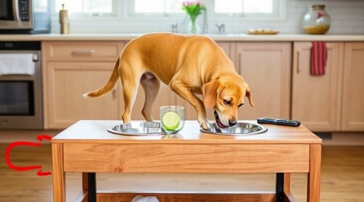 Dog eating from an elevated feeding station with adjustable height