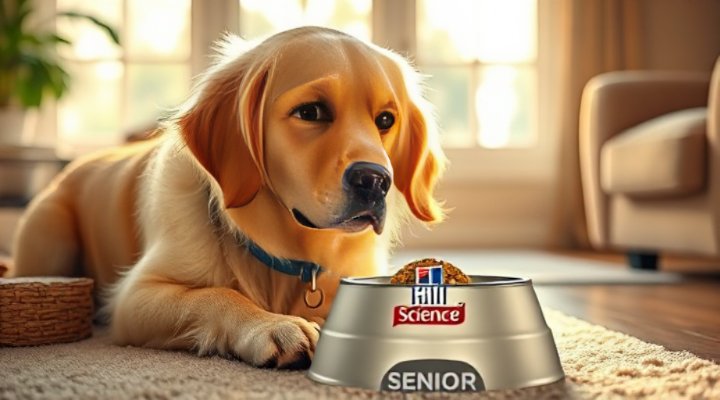 Older golden retriever contentedly eating Hill Science senior dog food