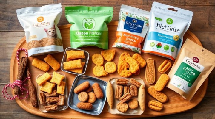 Assortment of different healthy cat treat options including freeze-dried and homemade varieties