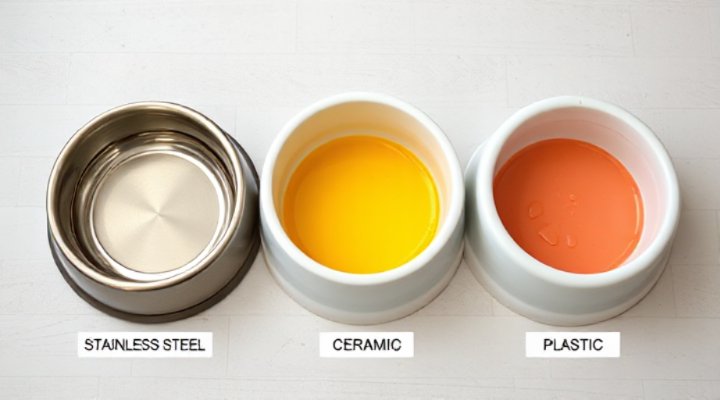 Side-by-side comparison of stainless steel, ceramic and plastic dog bowls
