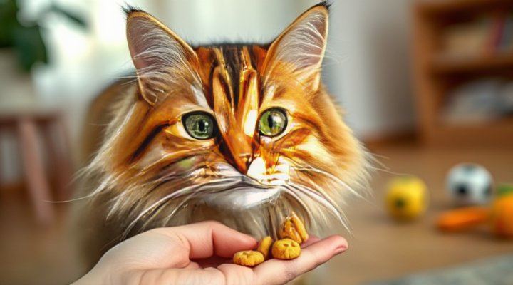 Adorable tabby cat eagerly eating homemade training treats during a training session