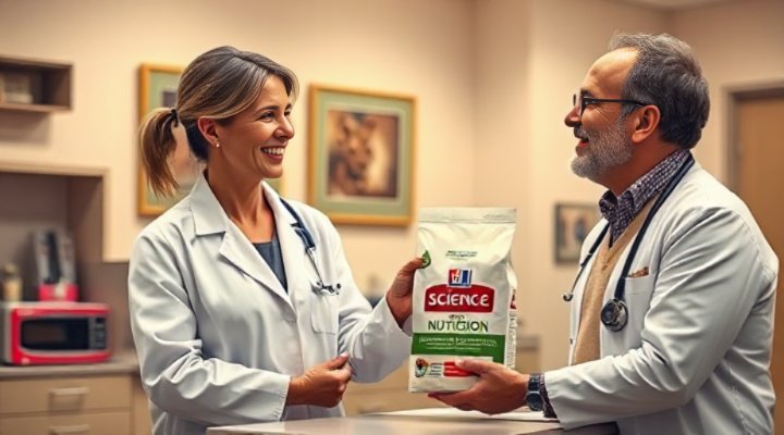 Friendly veterinarian explaining Hill Science Dog Food benefits to pet owner
