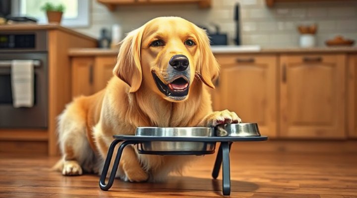 Senior dog comfortably eating from an elevated dog bowl stand