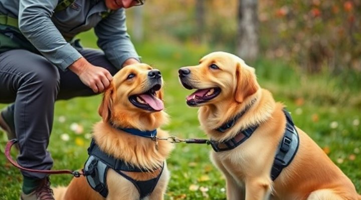 Professional service dog trainer working with golden retriever in training session