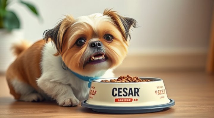 Delighted small breed dog enjoying Cesar meal with visible satisfaction