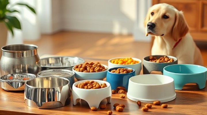 Different types of dog bowls including stainless steel, ceramic and plastic options