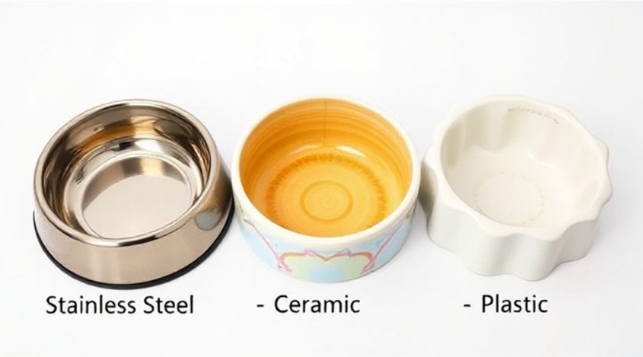 Side-by-side comparison of stainless steel, ceramic and plastic dog bowls