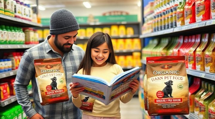 Loving family selecting organic dog food products at pet store
