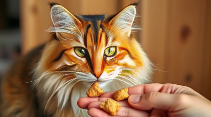 Adorable tabby cat happily eating healthy treats from owner