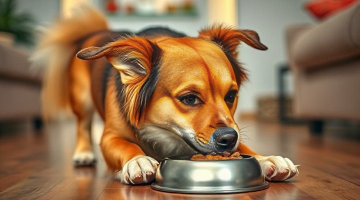 A happy dog enjoying Cesar dog food as a meal topper mixed with dry kibble