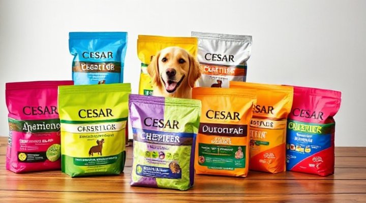 Various Cesar dog food packages showing different flavors and formulas