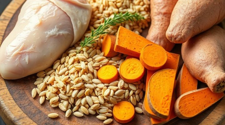 Close-up of wholesome organic ingredients used in sensitive stomach dog food