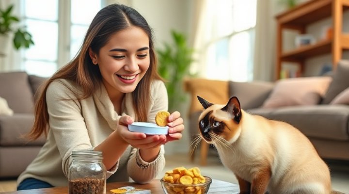 Woman successfully training her cat using homemade treats as rewards