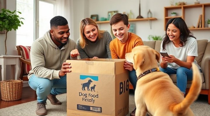 Happy family unboxing dog food delivery with excited dog watching