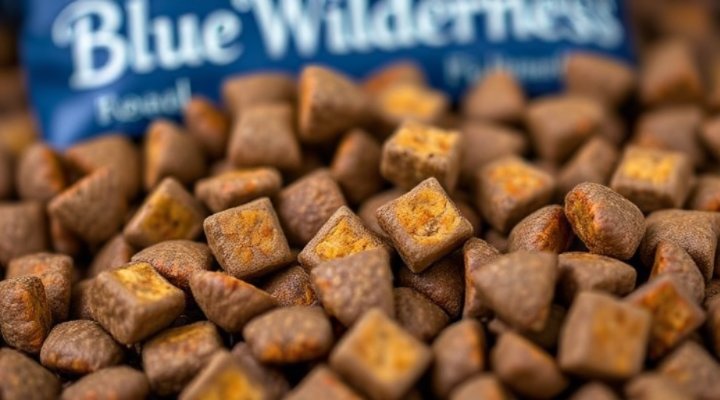 Close-up view of Blue Wilderness dog food ingredients showing high-quality proteins
