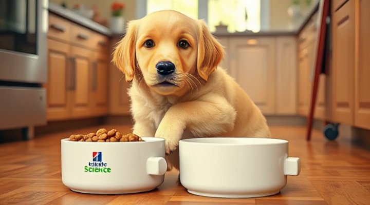 Golden retriever happily eating Hill Science Dog Food from a bowl