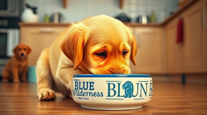Golden retriever happily eating Blue Wilderness dog food from a bowl