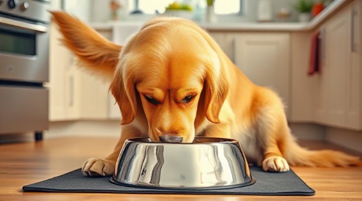 Golden retriever happily eating from a stainless steel dog bowl