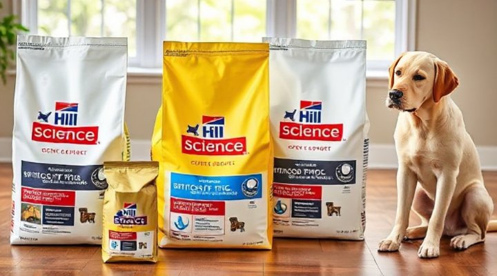 Collection of Hill Science Dog Food bags showing different specialized formulas
