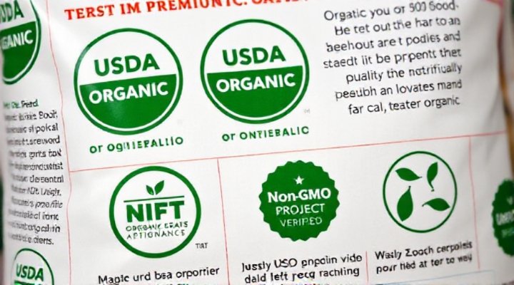 Close-up of USDA organic and other certification labels on dog food packaging